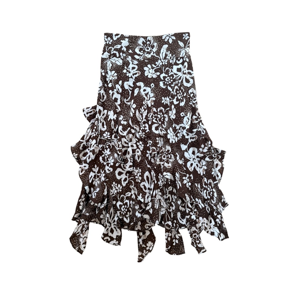 Tyler Boe Brown Blue Floral 100% Silk Ruffle Handkerchief Hem Skirt Size 6